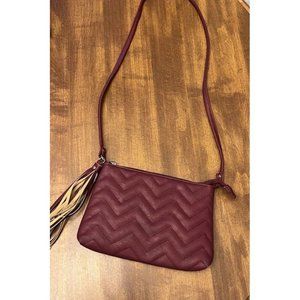 Burgundy Zigzag Chevron Quilted Crossbody Bag with Tassel